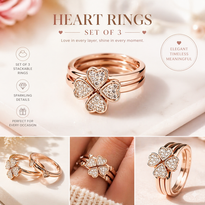 Heart Rings Set of 3 – Elegant Stackable Rose Gold Love Rings