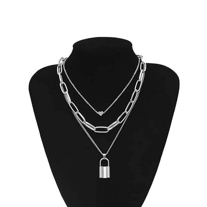 Cueen Lock & Heart Pendant Layered Necklace