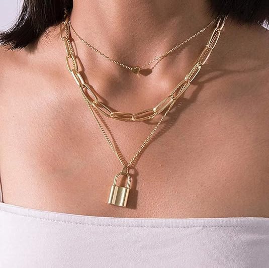 Cueen Lock & Heart Pendant Layered Necklace