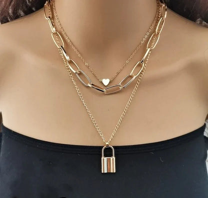 Cueen Lock & Heart Pendant Layered Necklace