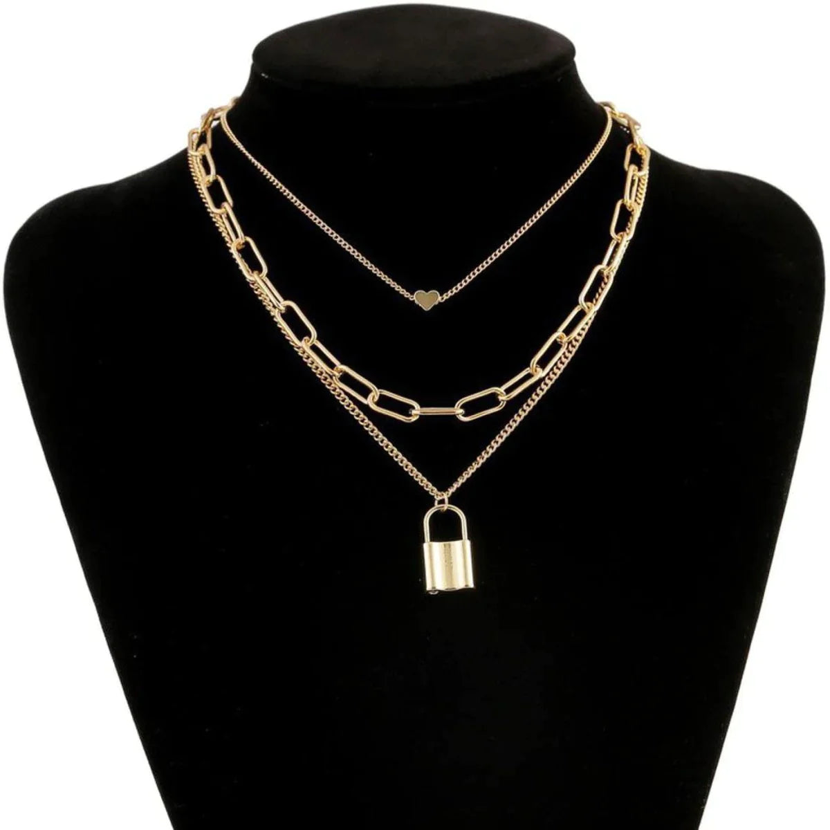 Cueen Lock & Heart Pendant Layered Necklace